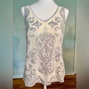 White House Black Market, Embroidered Tank, Silver and White, Size XS